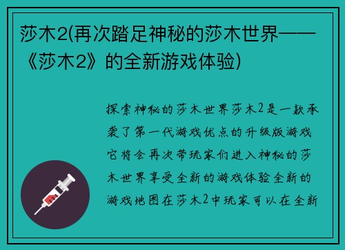 莎木2(再次踏足神秘的莎木世界——《莎木2》的全新游戏体验)