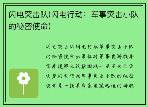 闪电突击队(闪电行动：军事突击小队的秘密使命)